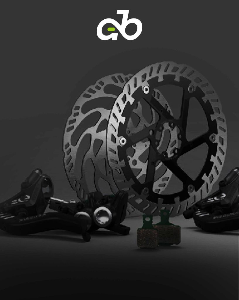 High-performance hydraulic disc brake system for electric motorcycles, including vented rotors, brake calipers, and ceramic brake pads.