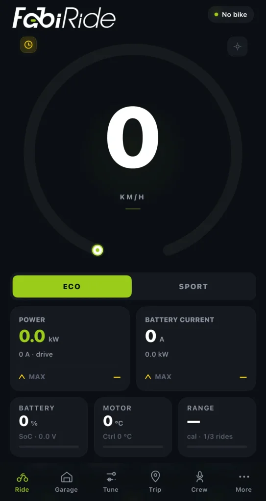 Écran en direct de l'application FabiRide avec vitesse, mode de conduite, puissance, batterie et température moteur