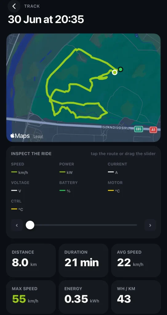 Un trajet enregistré dans l'application FabiRide avec l'itinéraire sur une carte, la distance, la vitesse moyenne et l'énergie consommée