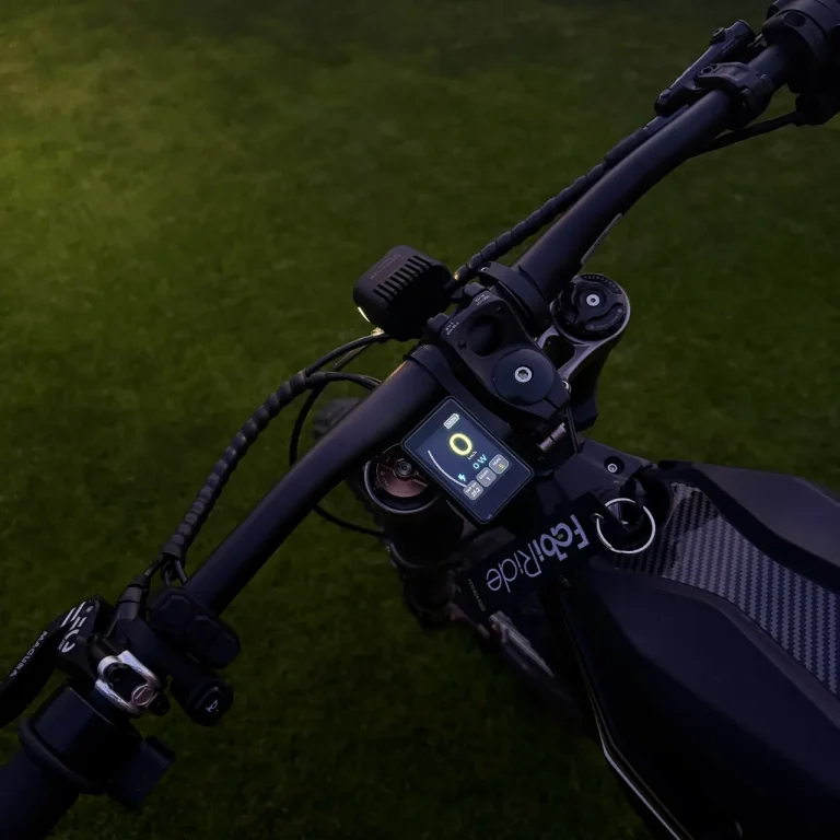Écran Dash Pro allumé au guidon d’un vélo électrique à la tombée du jour